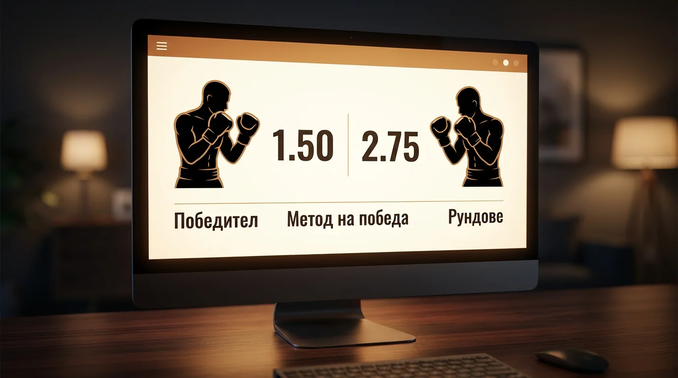 Екран с десетични коефициенти за предстоящ боксов мач в интерфейс на букмейкър